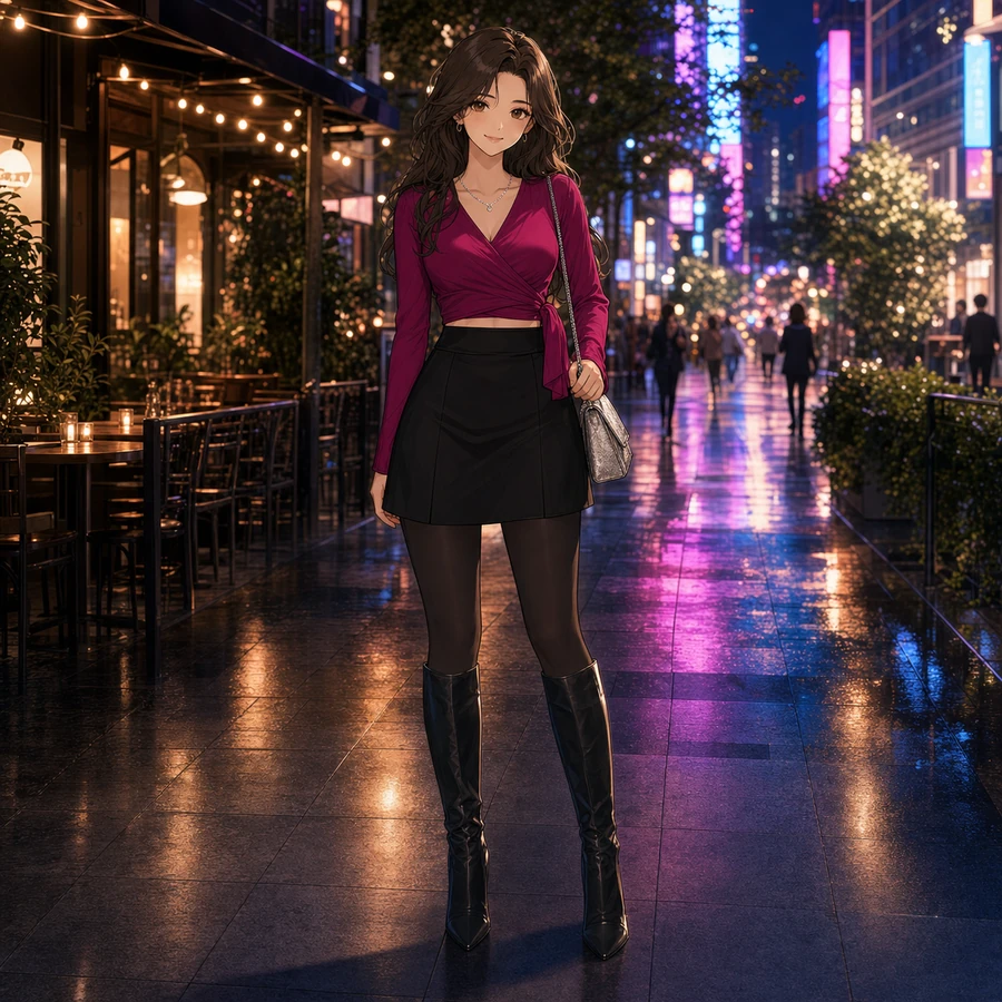 magenta wrap crop top and black mini skirt outfit