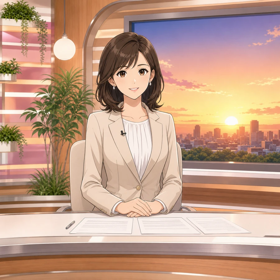 ベージュジャケットでニュースデスクに座る女子アナウンサーのアニメ調イラスト