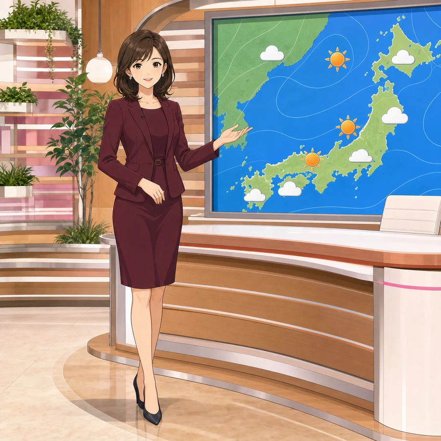 ボルドーのワンピースで天気コーナーを担当する女子アナウンサーのアニメ調イラスト