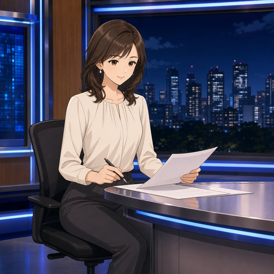 クリーム色のブラウスで夜のニュースを読む女子アナウンサーのアニメ調イラスト