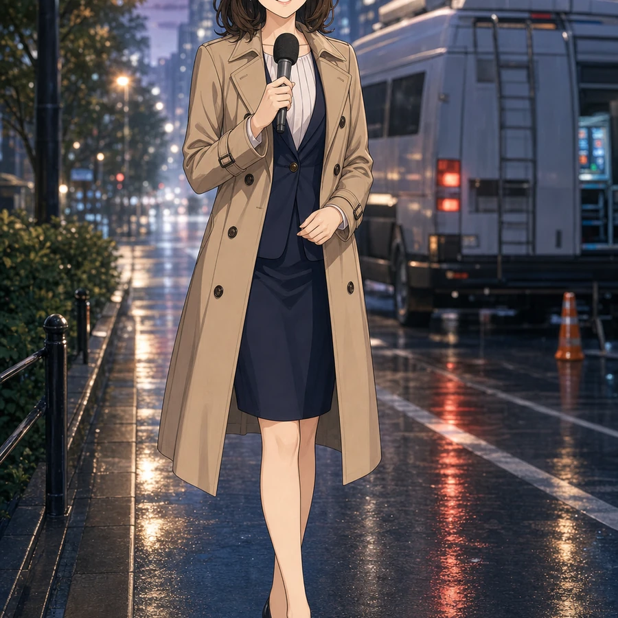 トレンチコートで雨の街からリポートする女子アナウンサーのアニメ調イラスト