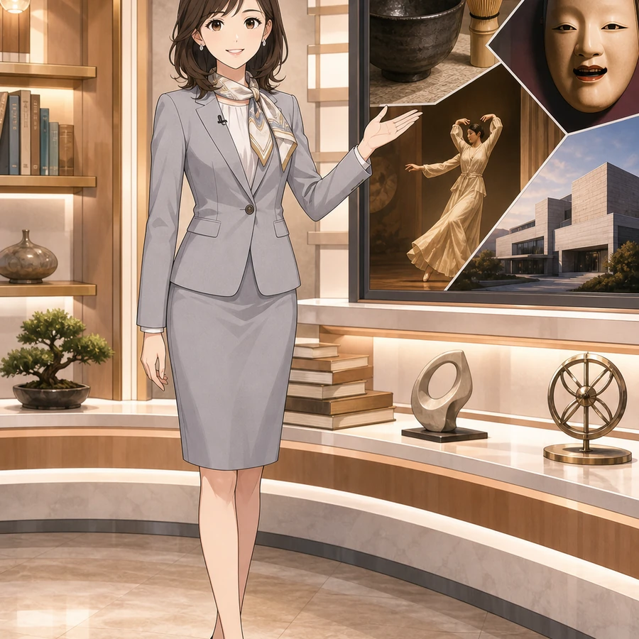 グレースーツとスカーフで文化番組を紹介する女子アナウンサーのアニメ調イラスト