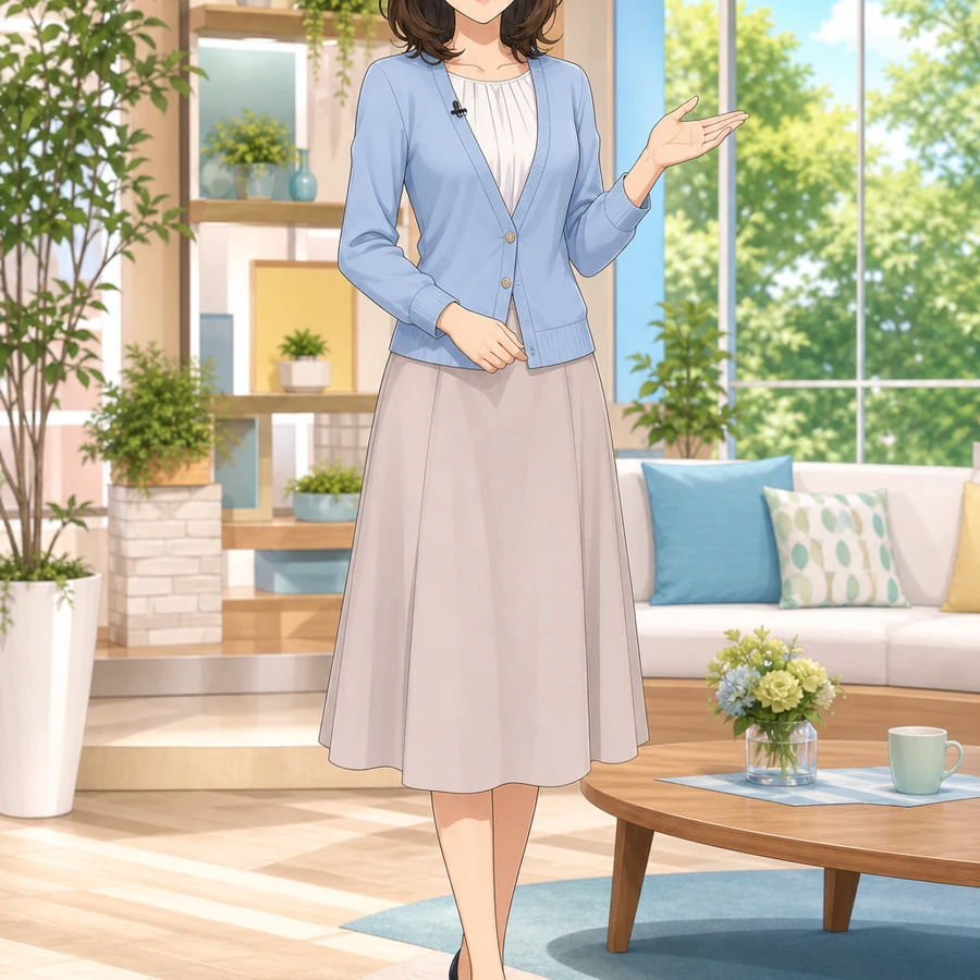 ブルーカーディガンで生活情報番組を紹介する女子アナウンサーのアニメ調イラスト
