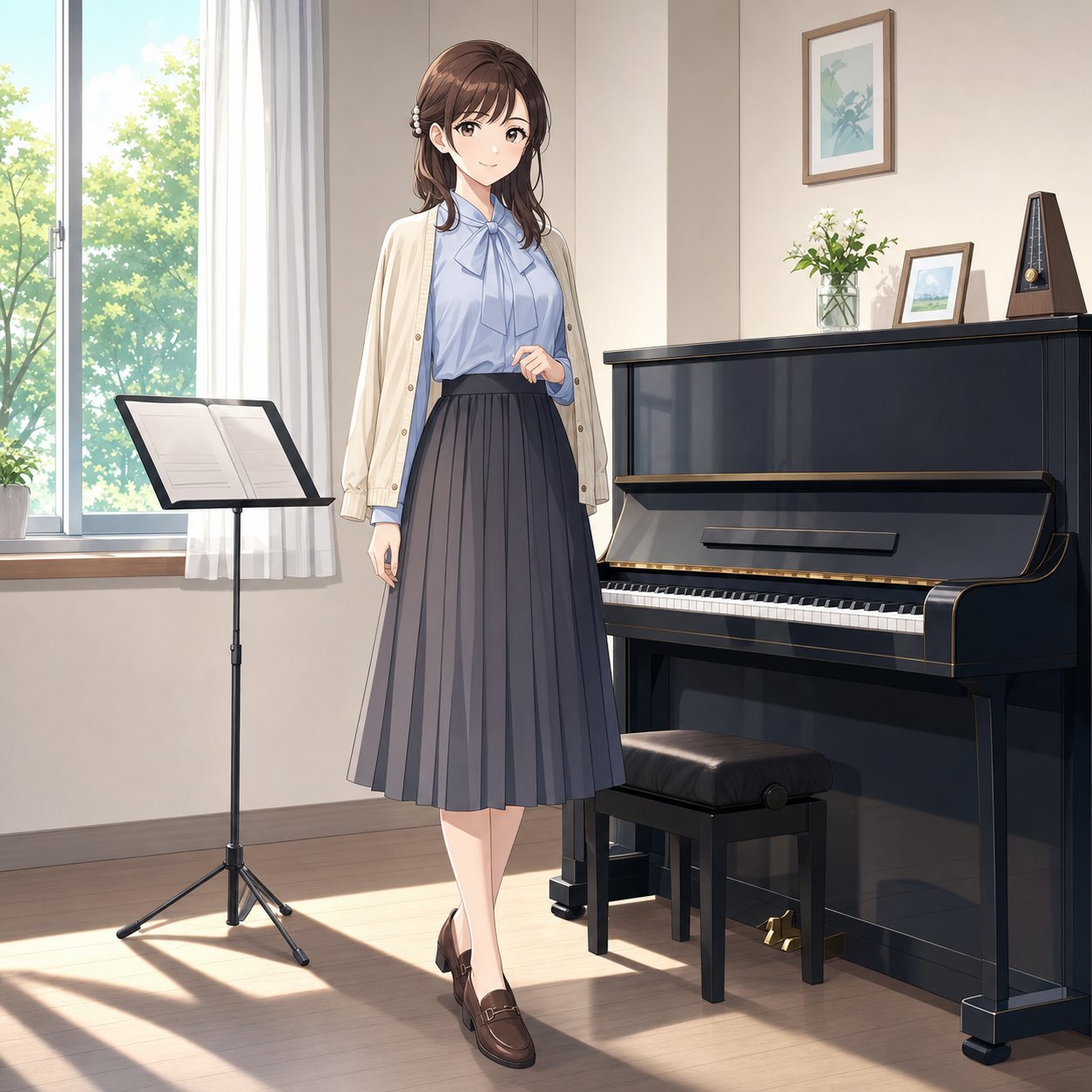 淡いブルーブラウスの練習室コーデ
