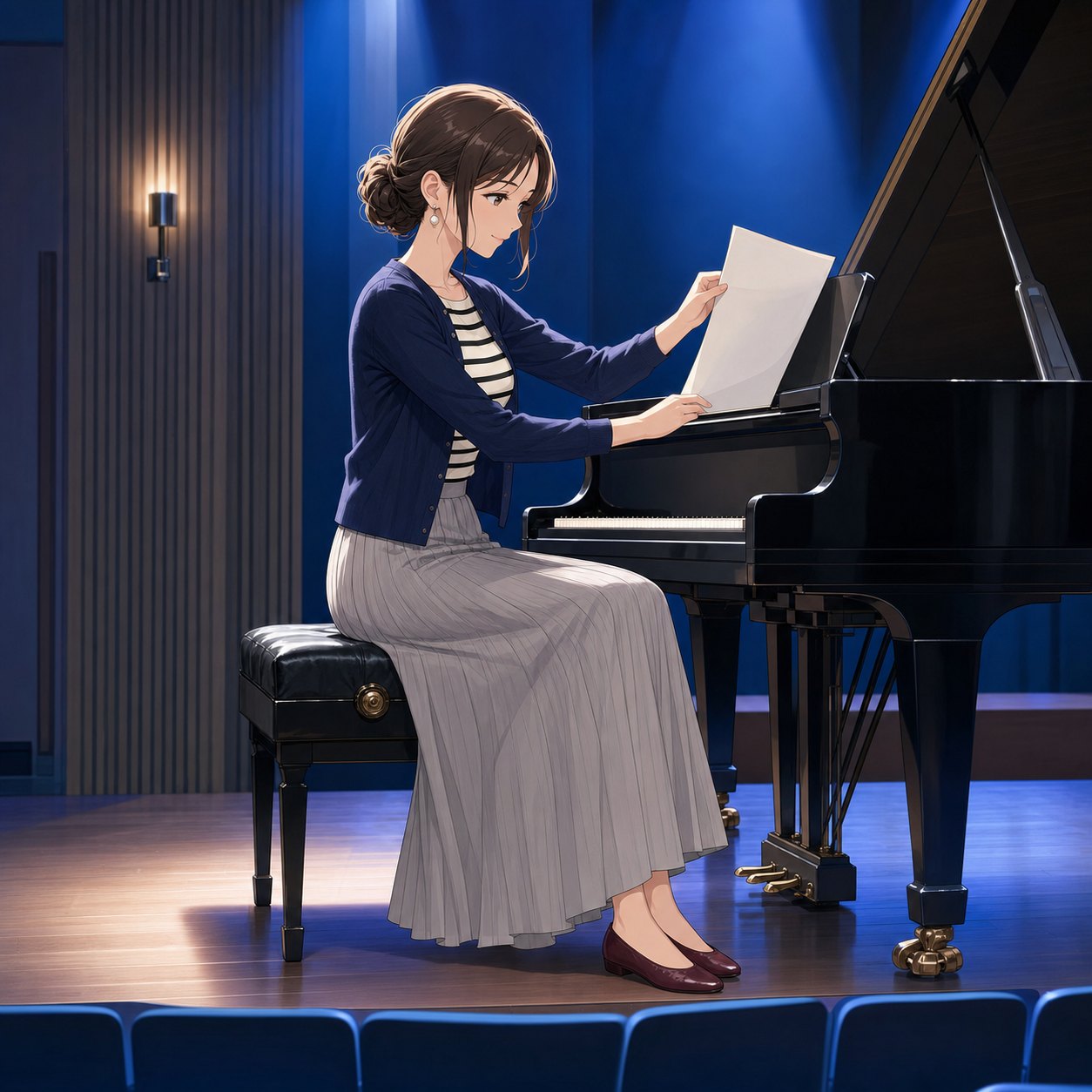 アイボリーとグレーの室内楽コーデ