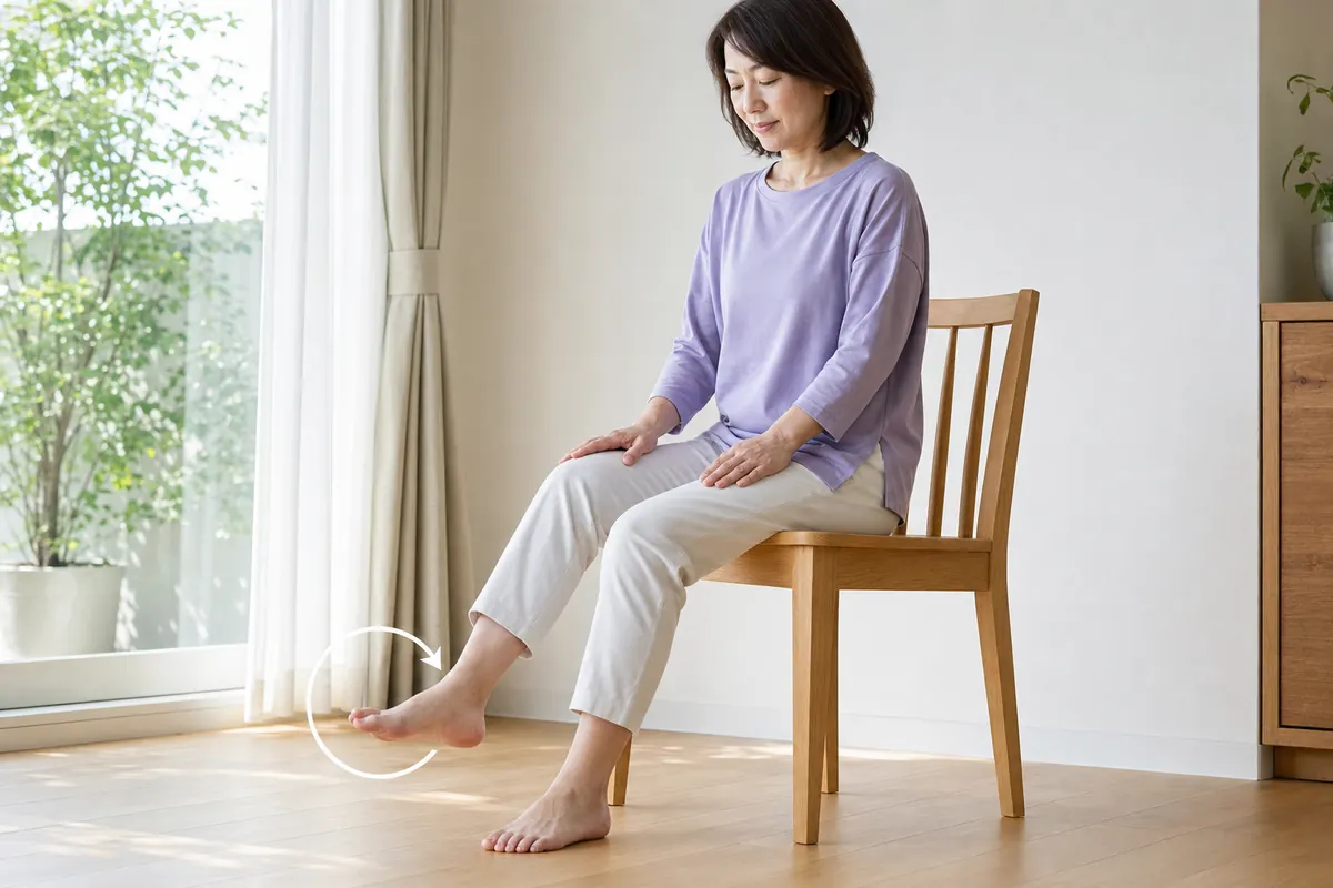 椅子に座って足首をゆっくり回す朝のセルフケア