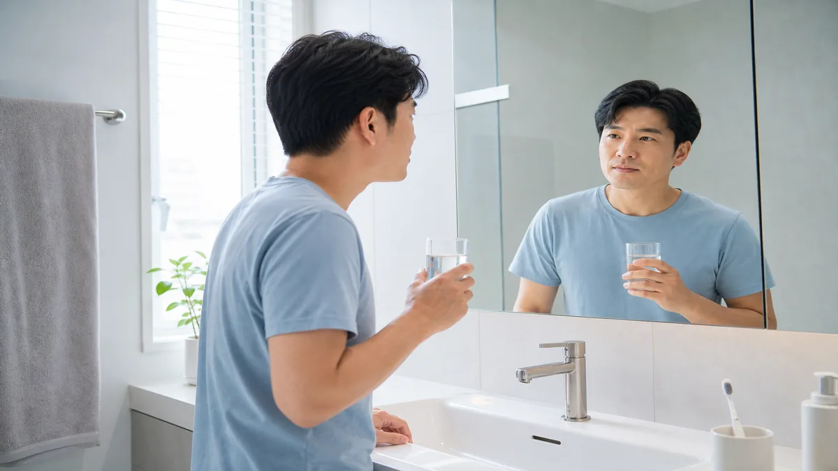 朝の洗面所で口臭ケアを始めるイメージ