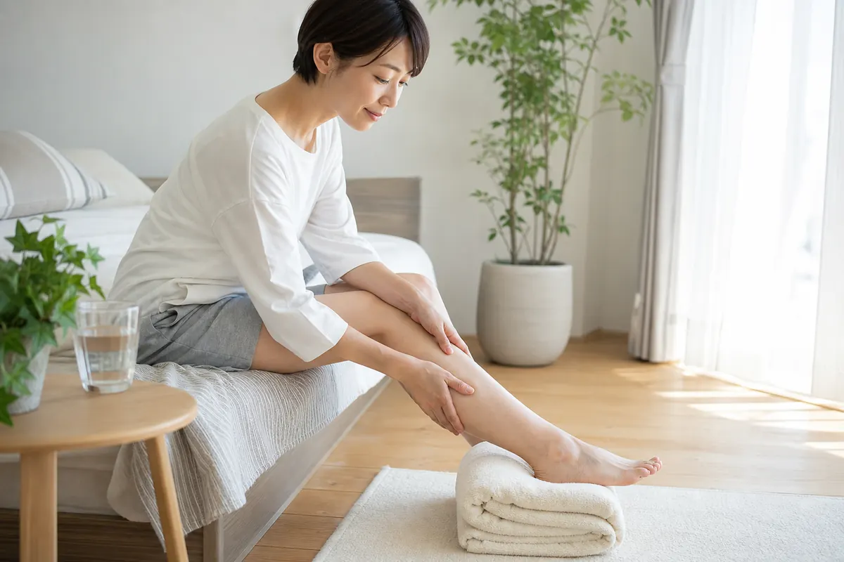 タオルを使って脚を無理なく支える朝の足ケア