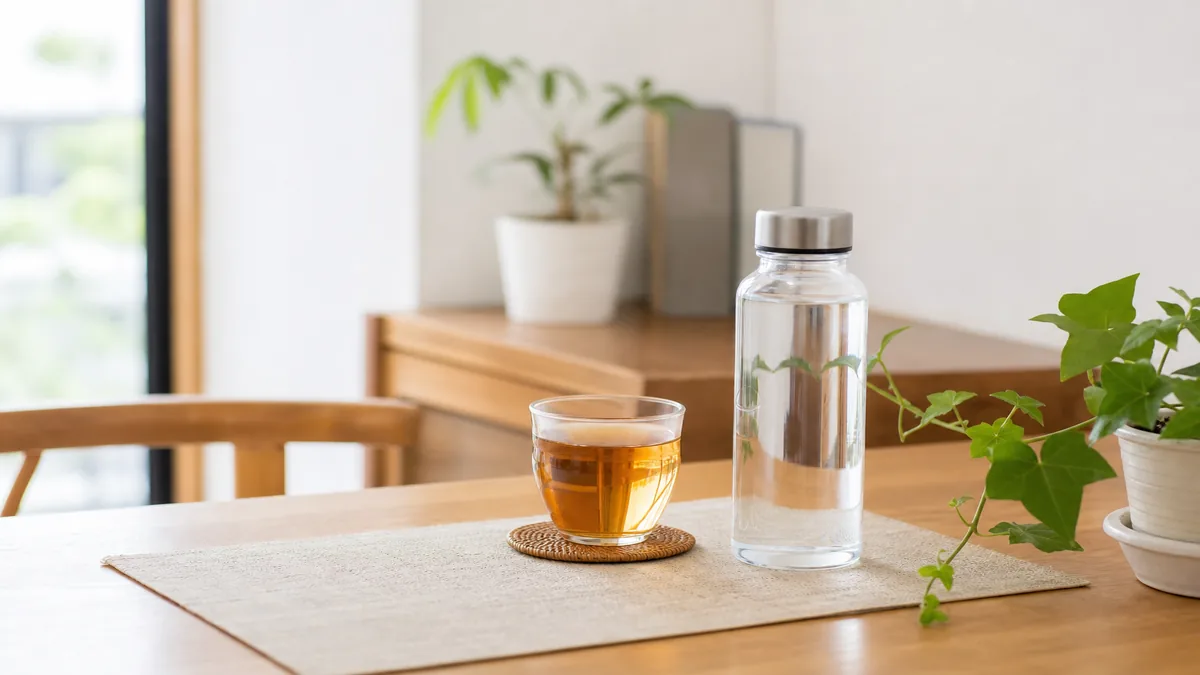 水筒やお茶を手に取りやすい場所へ置くイメージ