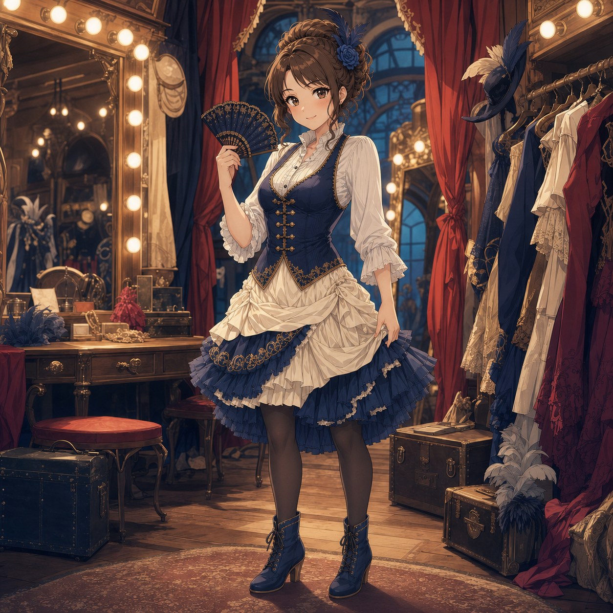 紺色の身頃とクリーム色のフリルを着た楽屋の踊り子