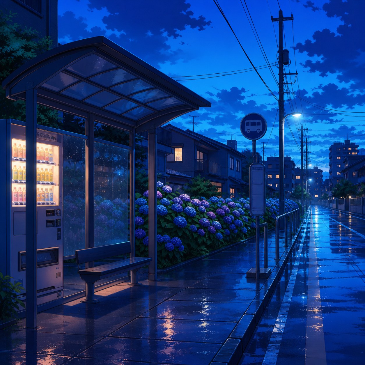 suburban bus stop at blue hour