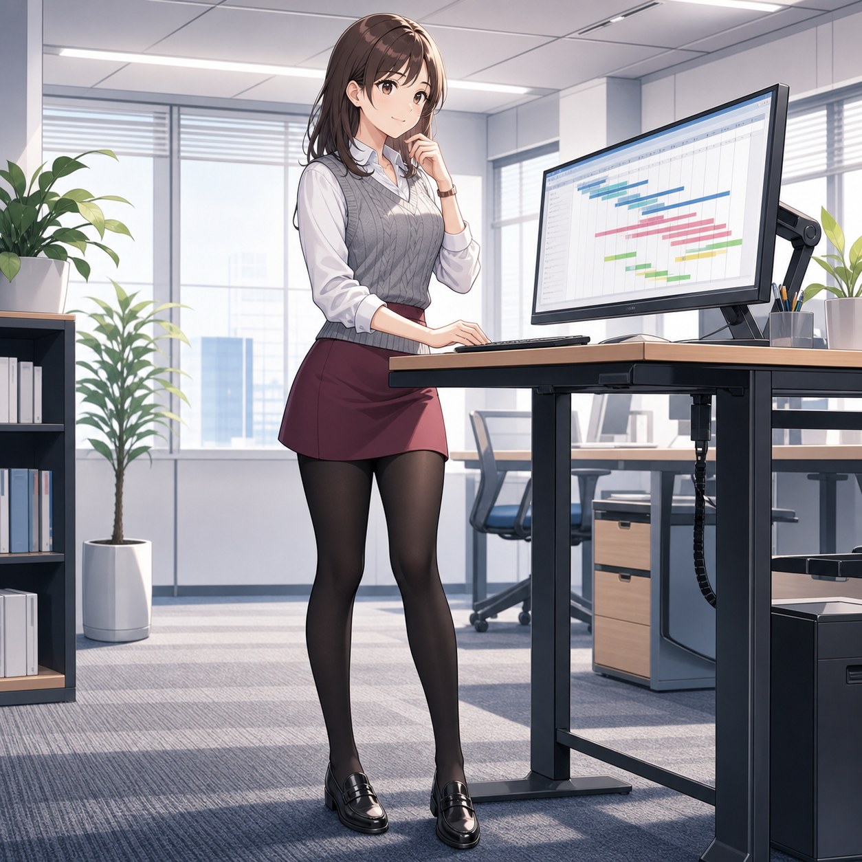 ニットベストとボルドーミニスカートに黒パンストを合わせて予定を確認するIT企業OLのアニメ調イラスト