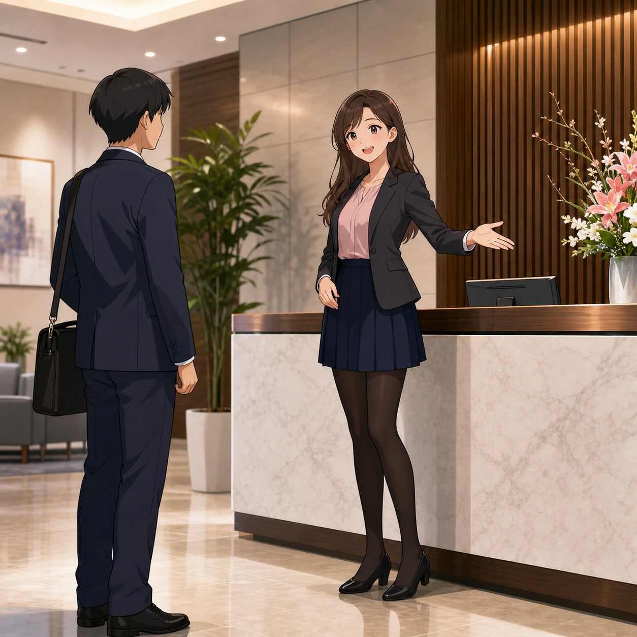 チャコールジャケットとプリーツミニスカートで来客対応する受付スタッフのアニメ調イラスト