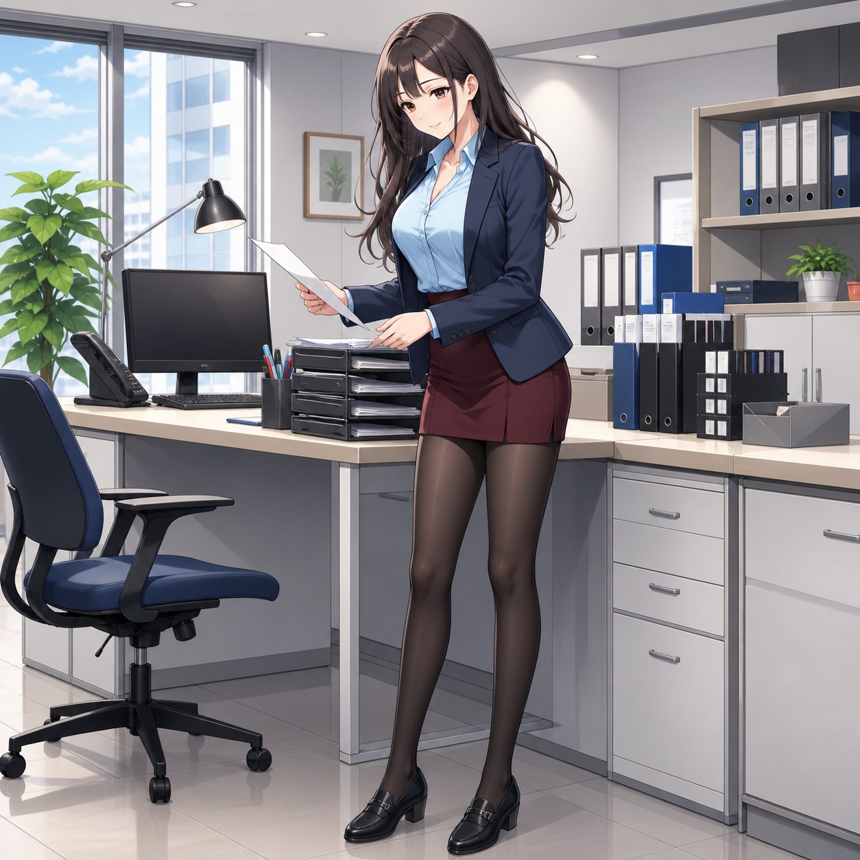 ネイビージャケットとボルドーのミニスカートに黒パンストを合わせて書類を整理する秘書のアニメ調イラスト