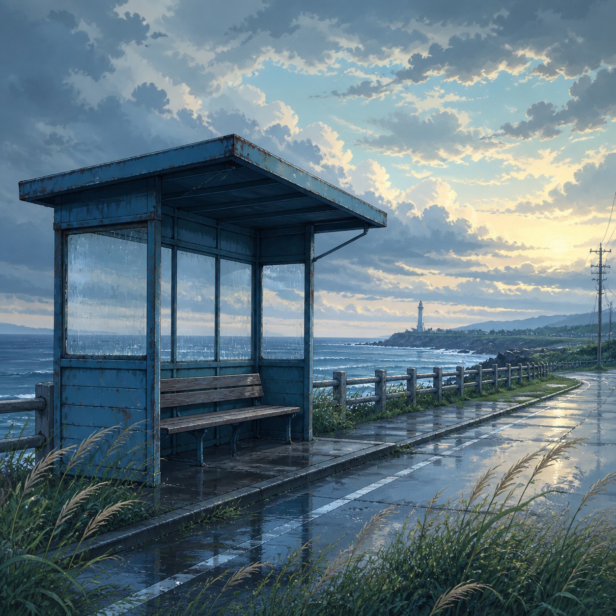 seaside bus stop after a storm