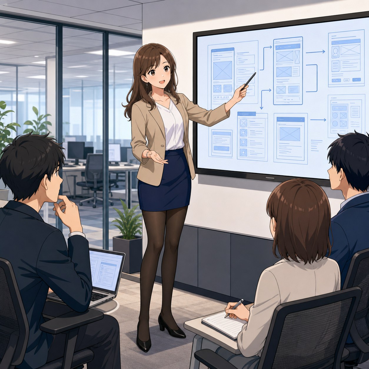 淡いブルーカーディガンと黒いミニスカートに黒パンストを合わせてモニター作業をするOLのアニメ調イラスト