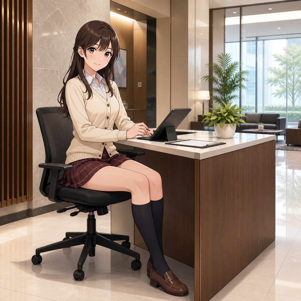 カーディガンとチェック柄ミニスカートで受付デスクに座るスタッフのアニメ調イラスト
