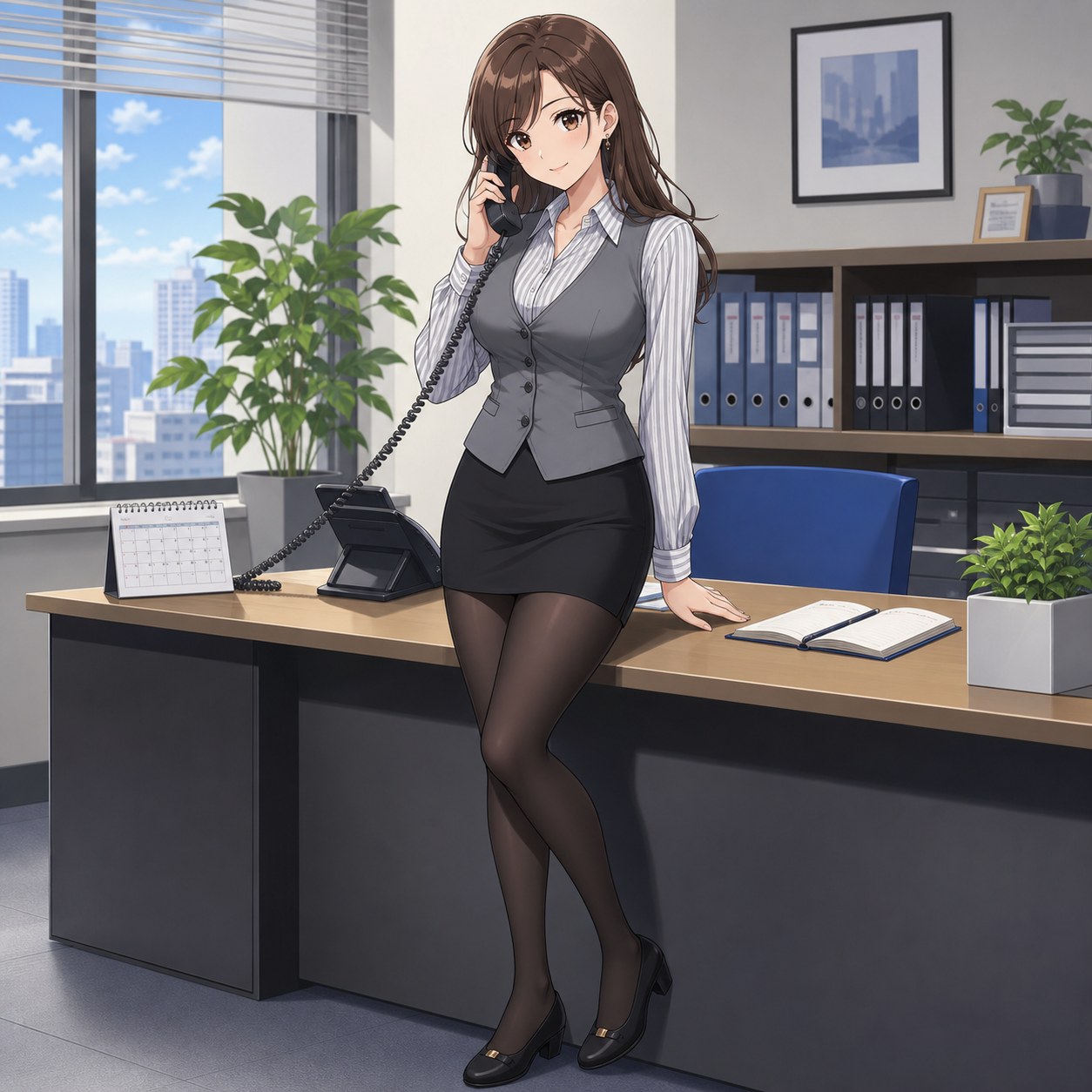 ベスト制服と黒いタイトミニスカートに黒パンストを合わせて電話対応する秘書のアニメ調イラスト