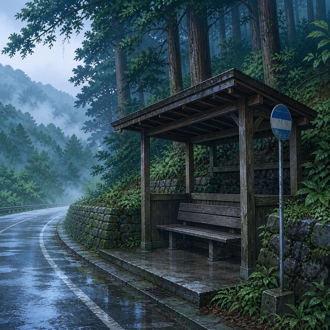 mountain bus stop in mist