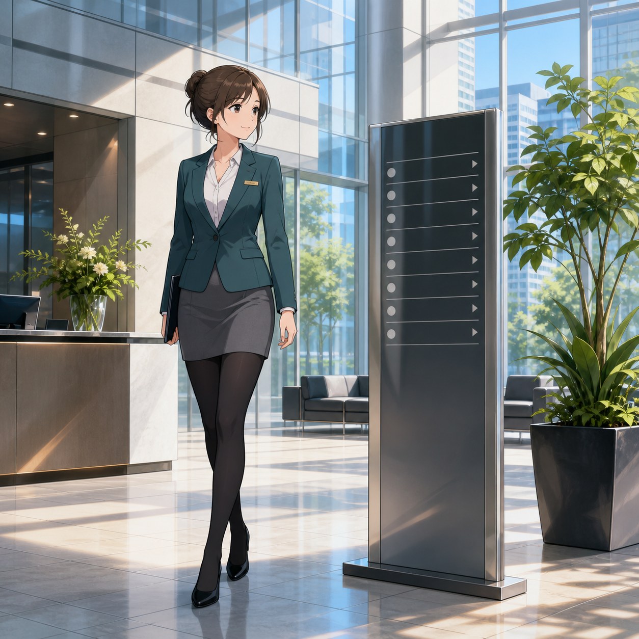 ティール色のジャケットとグレーミニスカートで館内案内をする受付スタッフのアニメ調イラスト