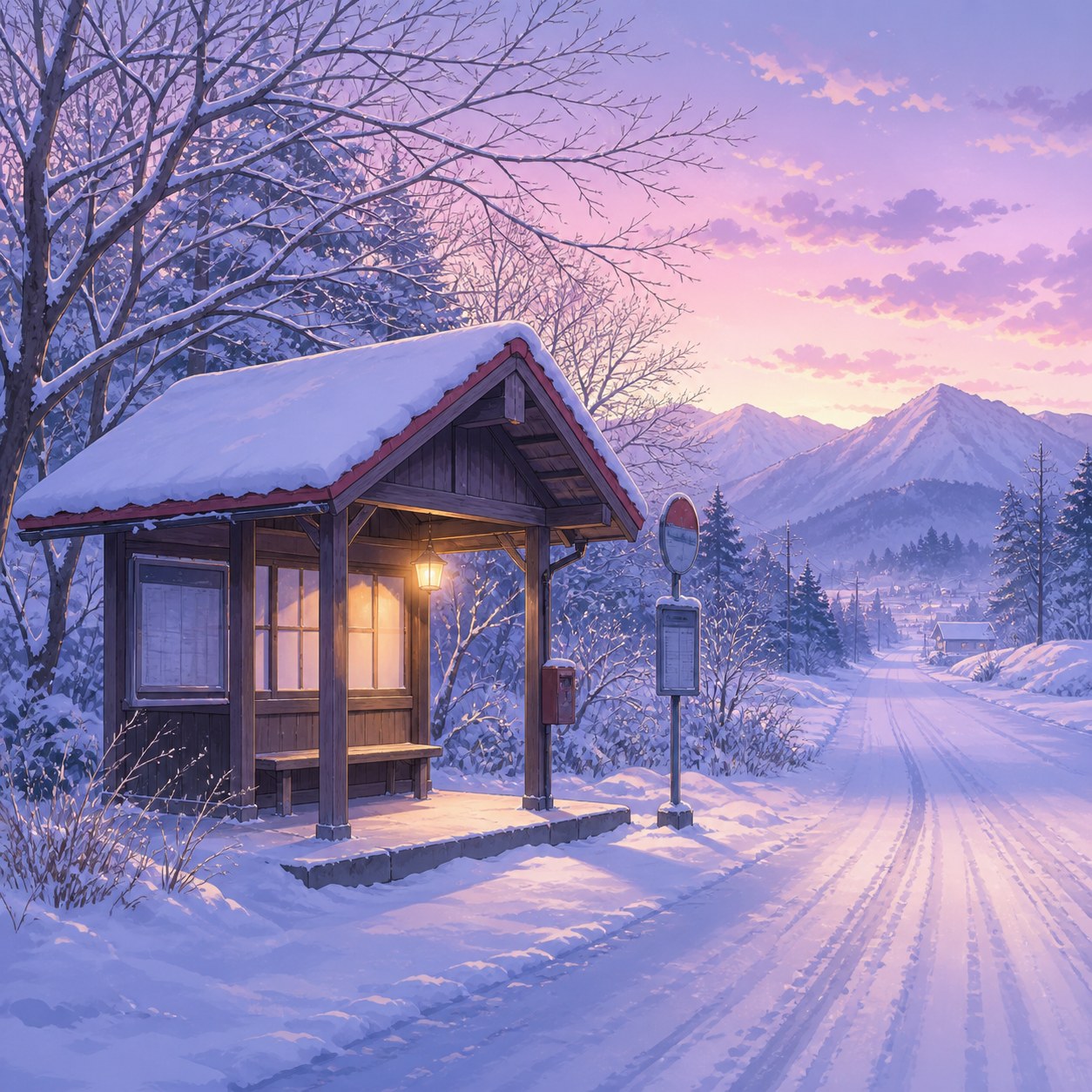 snowy rural bus stop at dawn