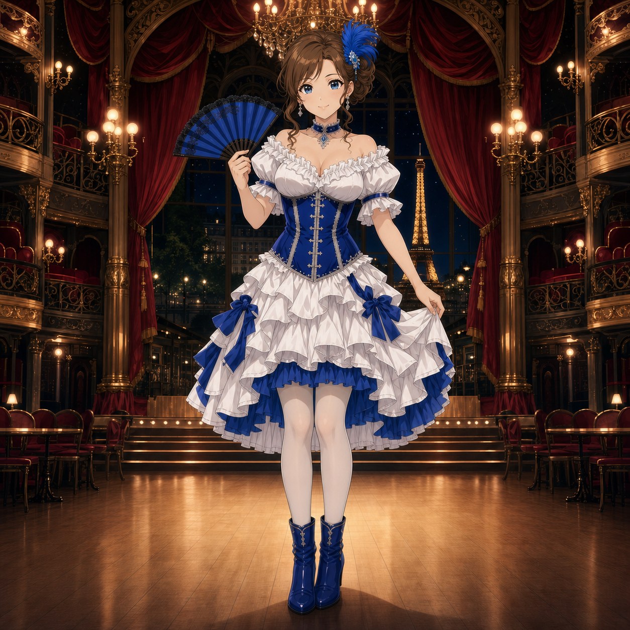 白い段フリルと青い身頃を着たグランドキャバレーの踊り子