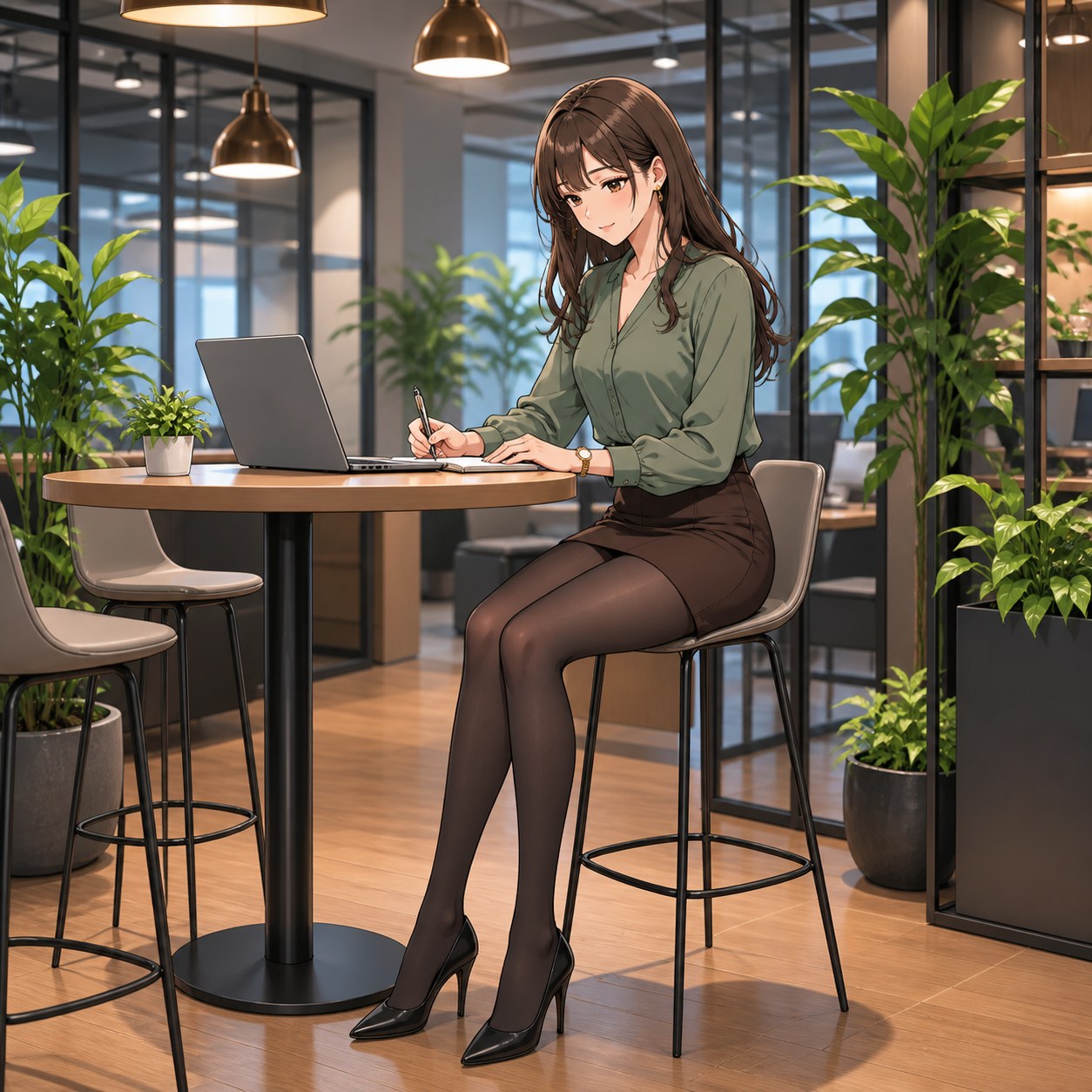 黒カーディガンとチェック柄ミニスカートに黒パンストを合わせて社内を歩くIT企業OLのアニメ調イラスト
