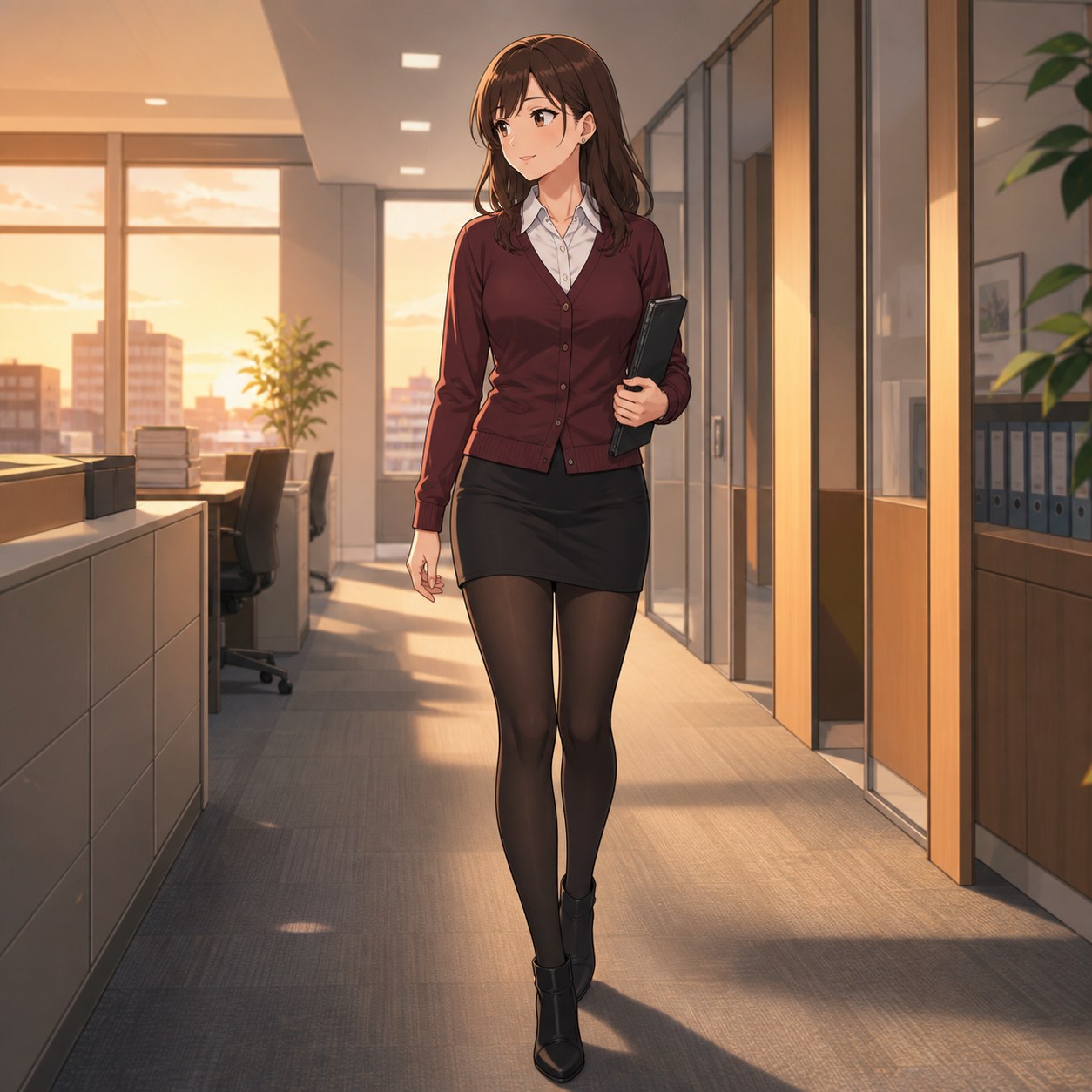 ボルドーカーディガンと黒いミニスカートに黒パンストを合わせて廊下を歩く秘書のアニメ調イラスト