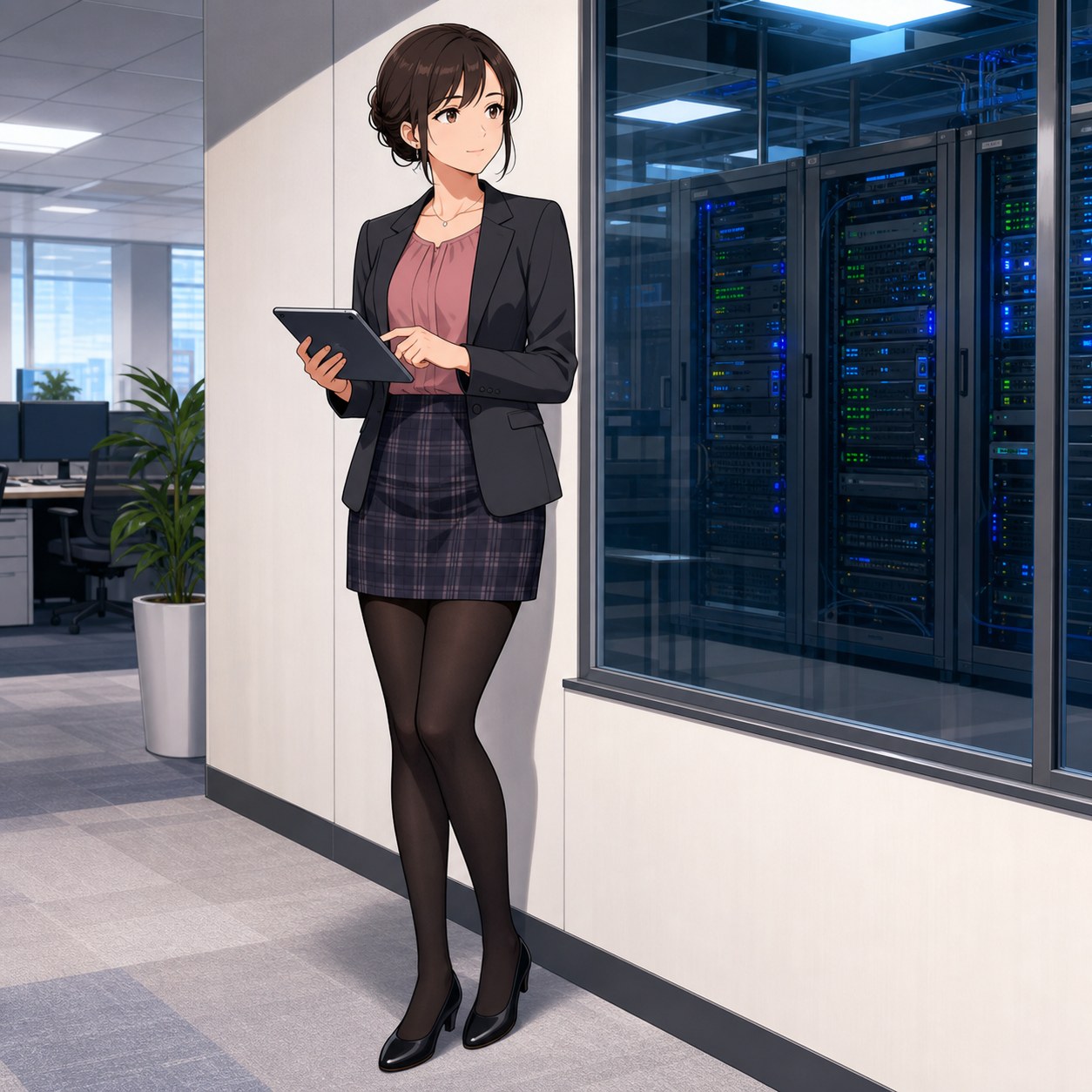 グリーンブラウスとブラウンミニスカートに黒パンストを合わせてカフェスペースで仕事をするOLのアニメ調イラスト