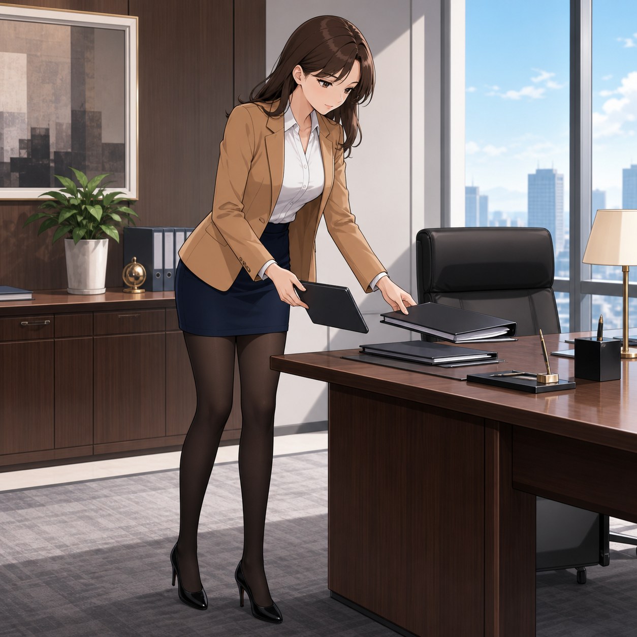 キャメルジャケットとネイビーのミニスカートに黒パンストを合わせて予定を整える秘書のアニメ調イラスト