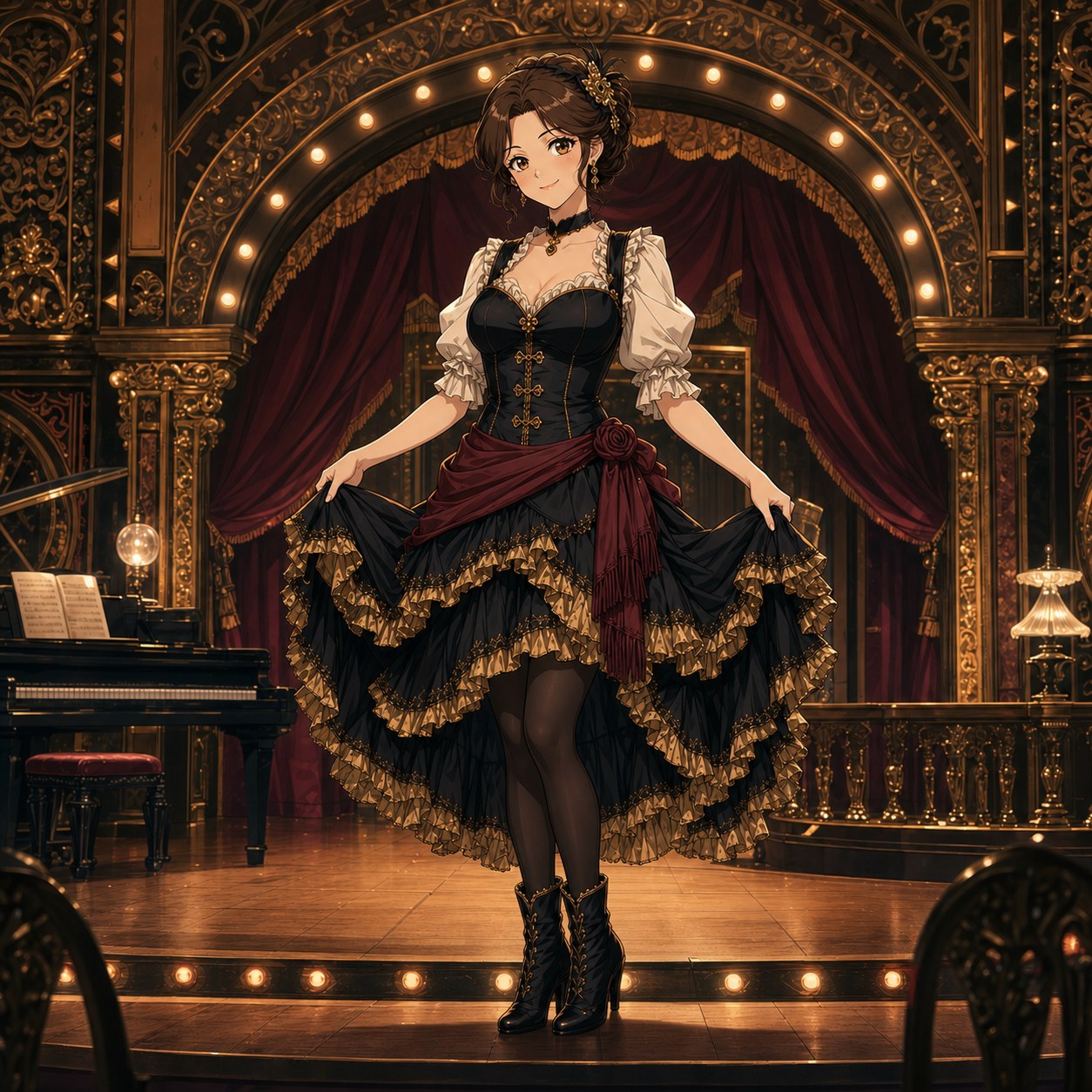 黒と金の段フリルスカートを着て舞台に立つ踊り子