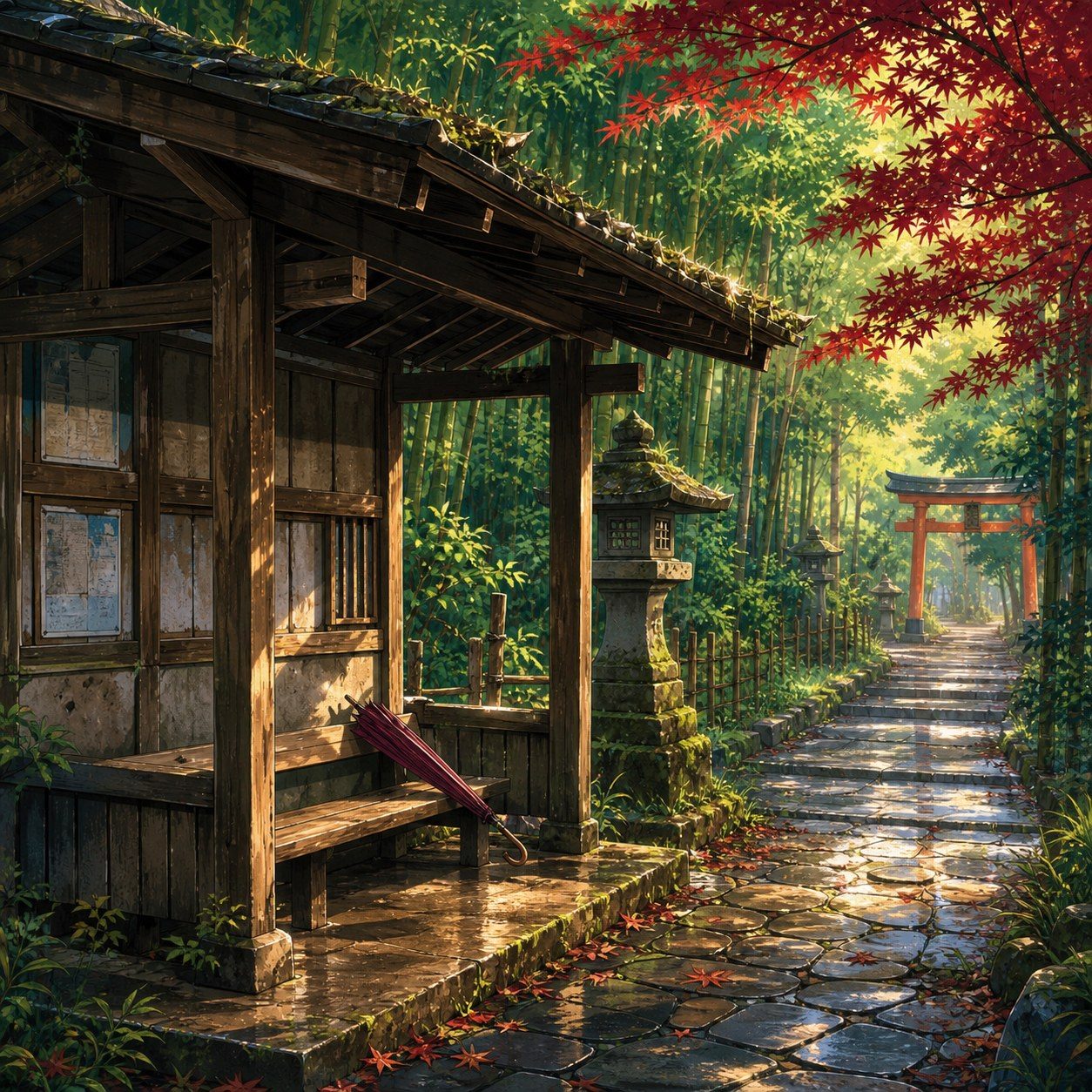 old bus stop beside a shrine road