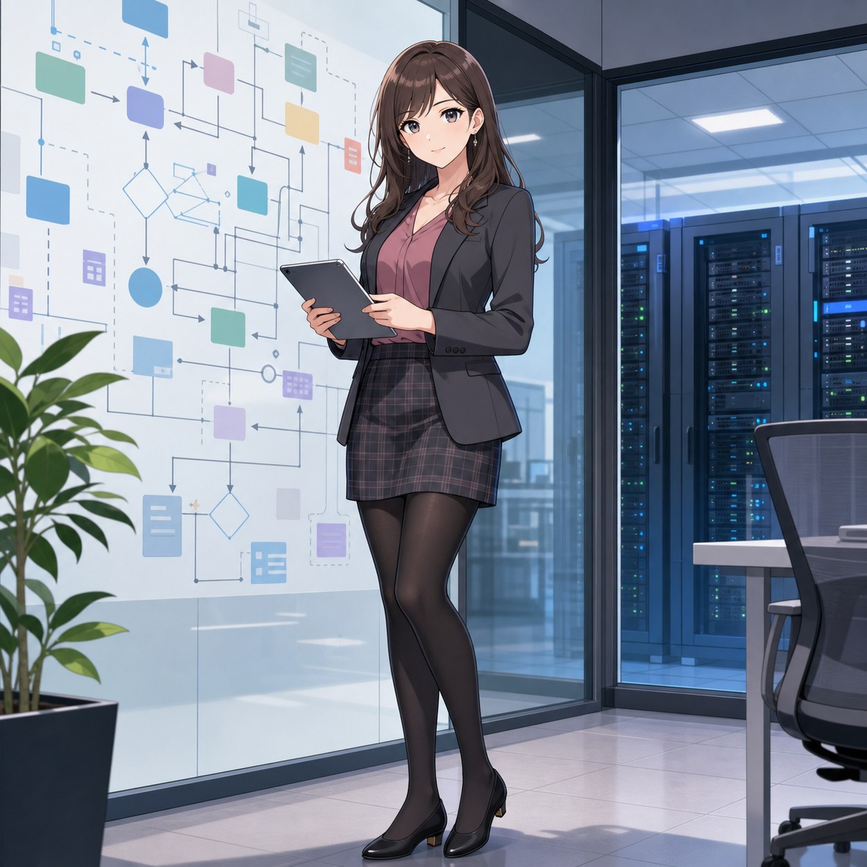 チャコールジャケットとチェック柄ミニスカートに黒パンストを合わせてサーバー室を確認するIT企業社員のアニメ調イラスト
