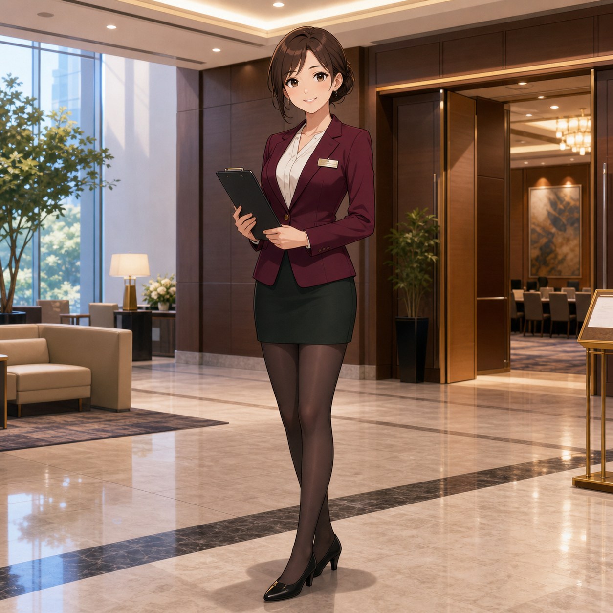 ボルドージャケットと深緑ミニスカートで会場受付をするスタッフのアニメ調イラスト