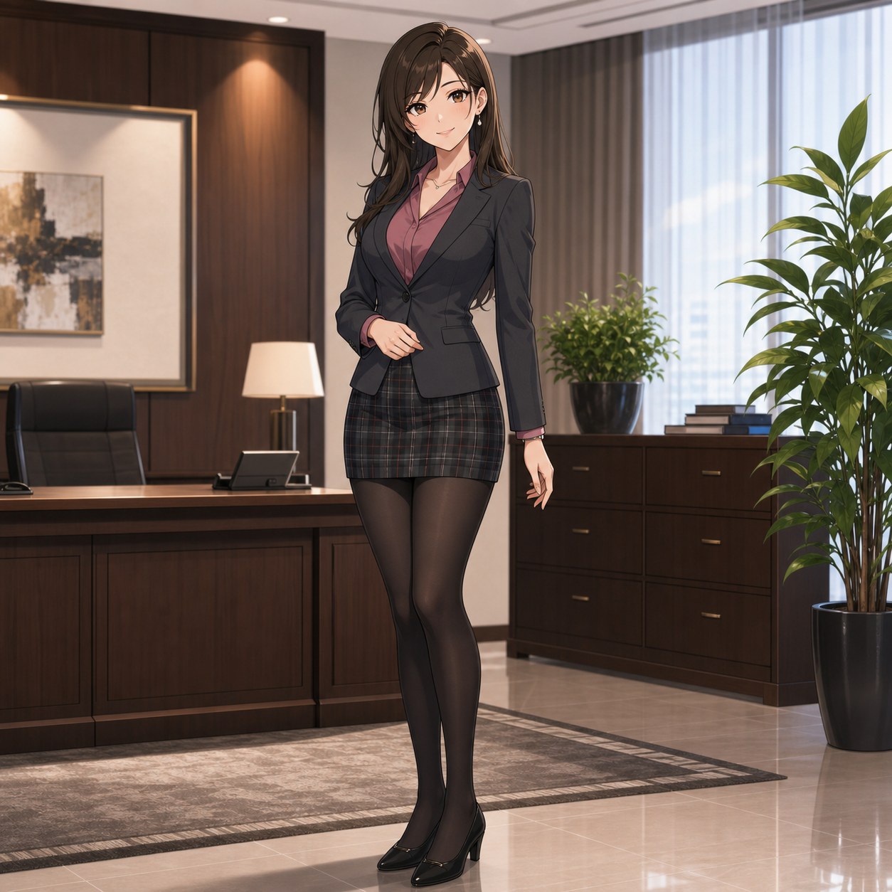 チャコールジャケットとチェック柄ミニスカートに黒パンストを合わせた先輩秘書のアニメ調イラスト