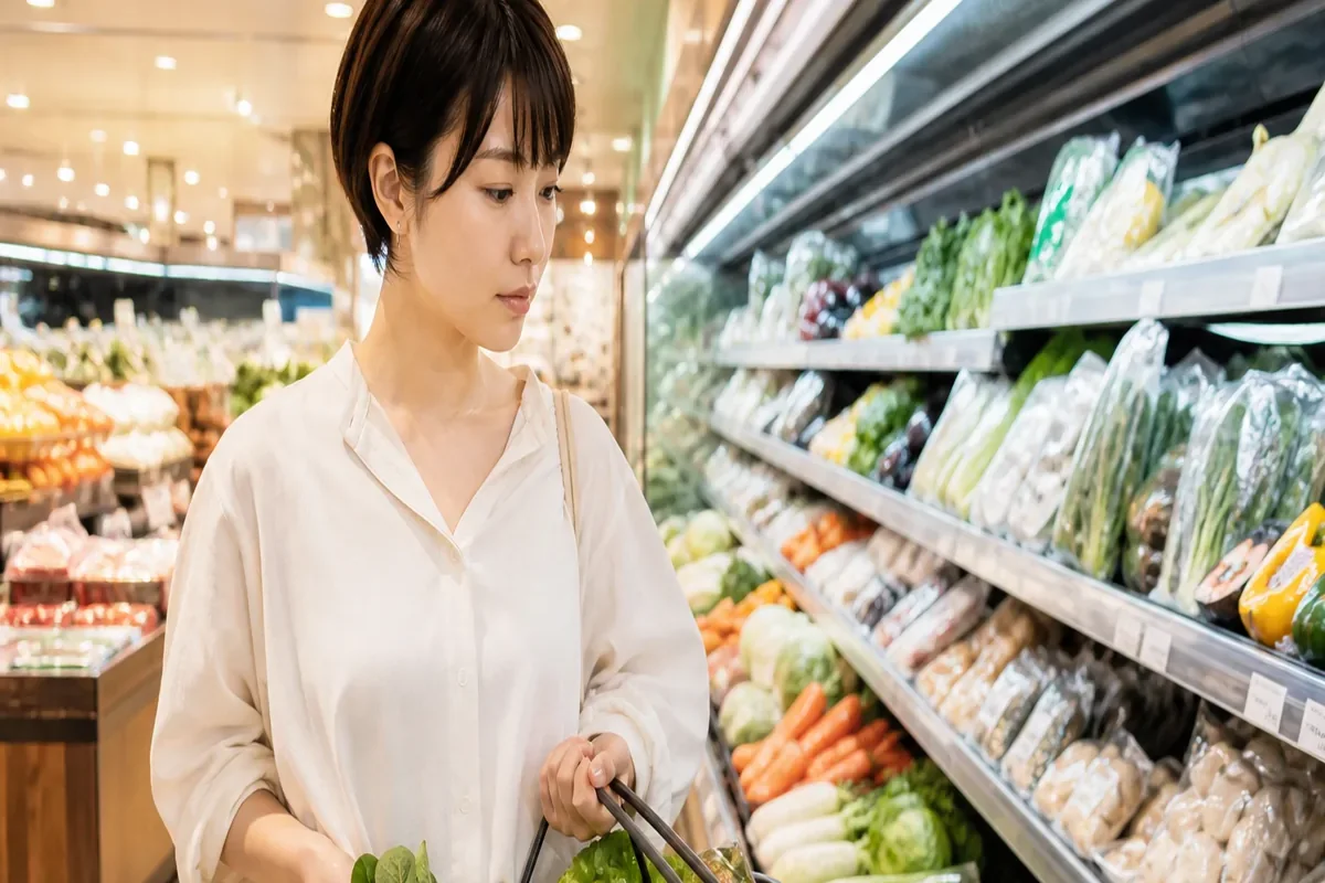 野菜や卵や豆腐を選ぶ買い物かご