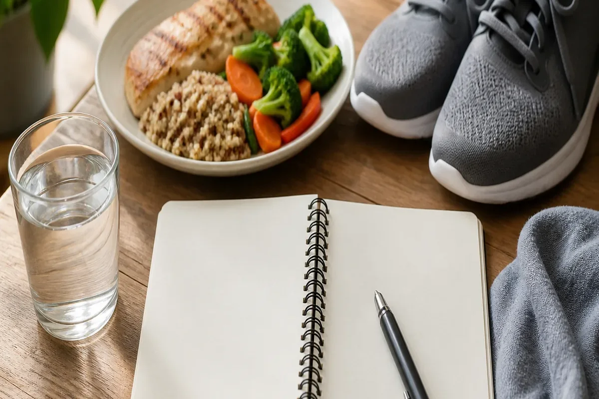健康的な習慣を振り返るノートと食事と運動靴