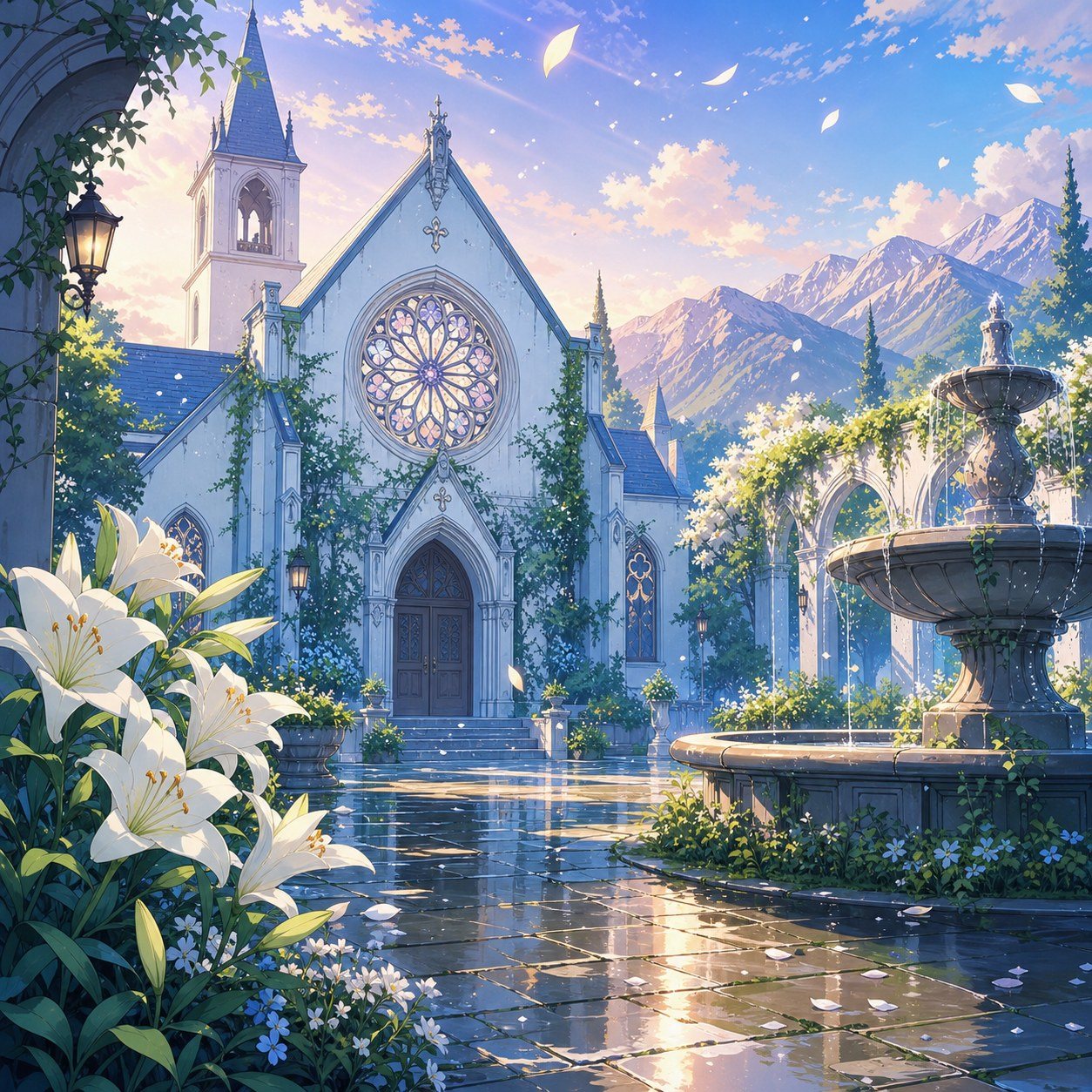 雨上がりの花と噴水があるファンタジー風教会中庭
