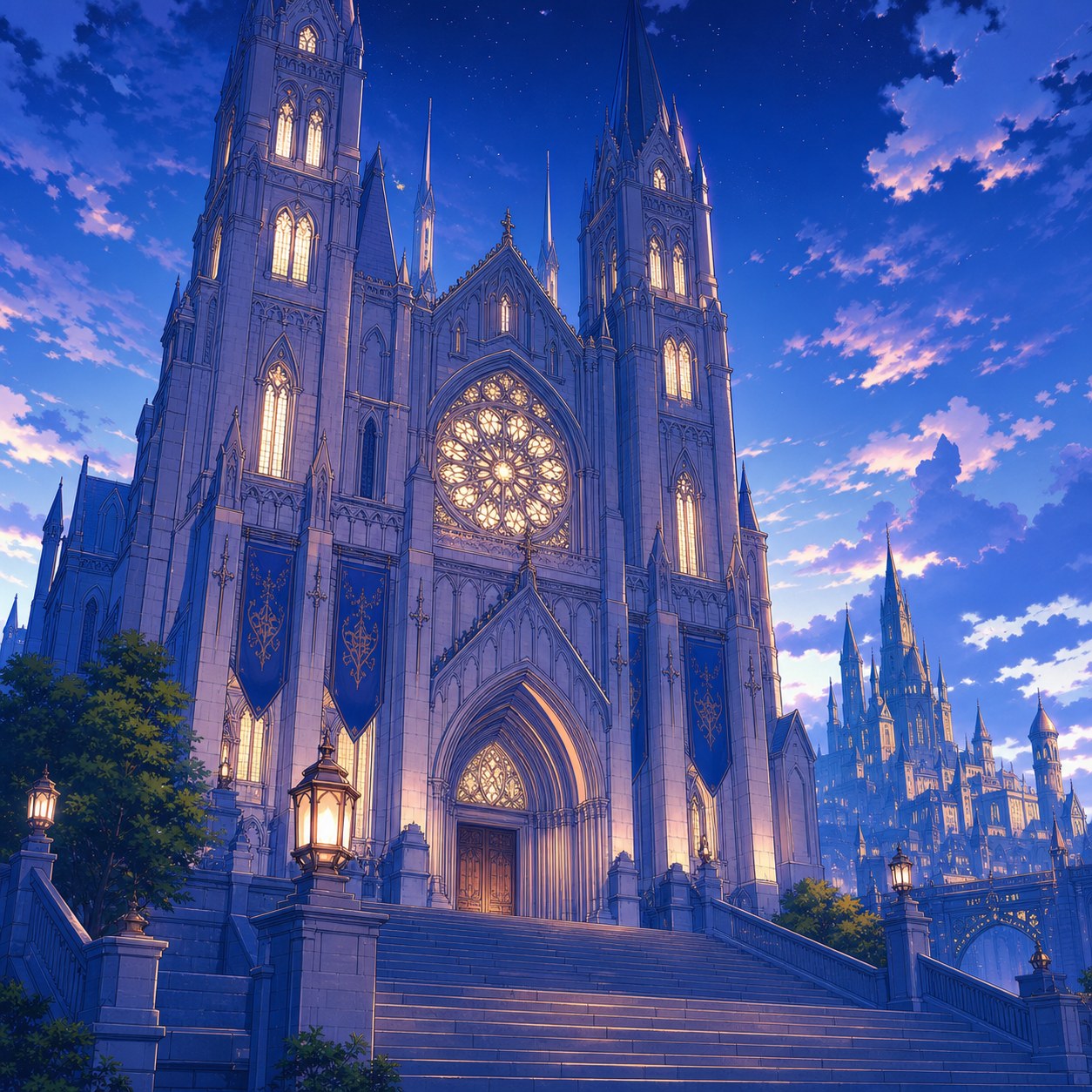 青い夕暮れに浮かぶファンタジー風の大聖堂外観