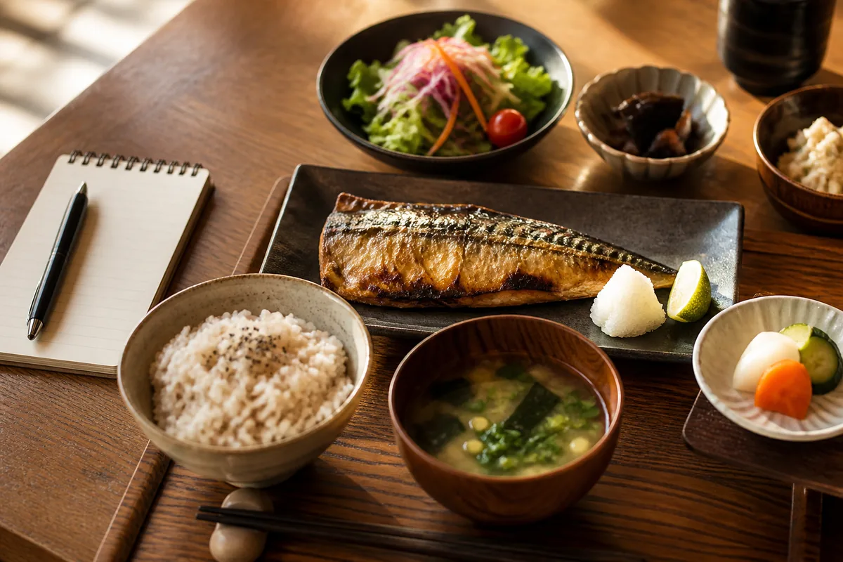 外食で選びやすいバランスのよい定食とノート