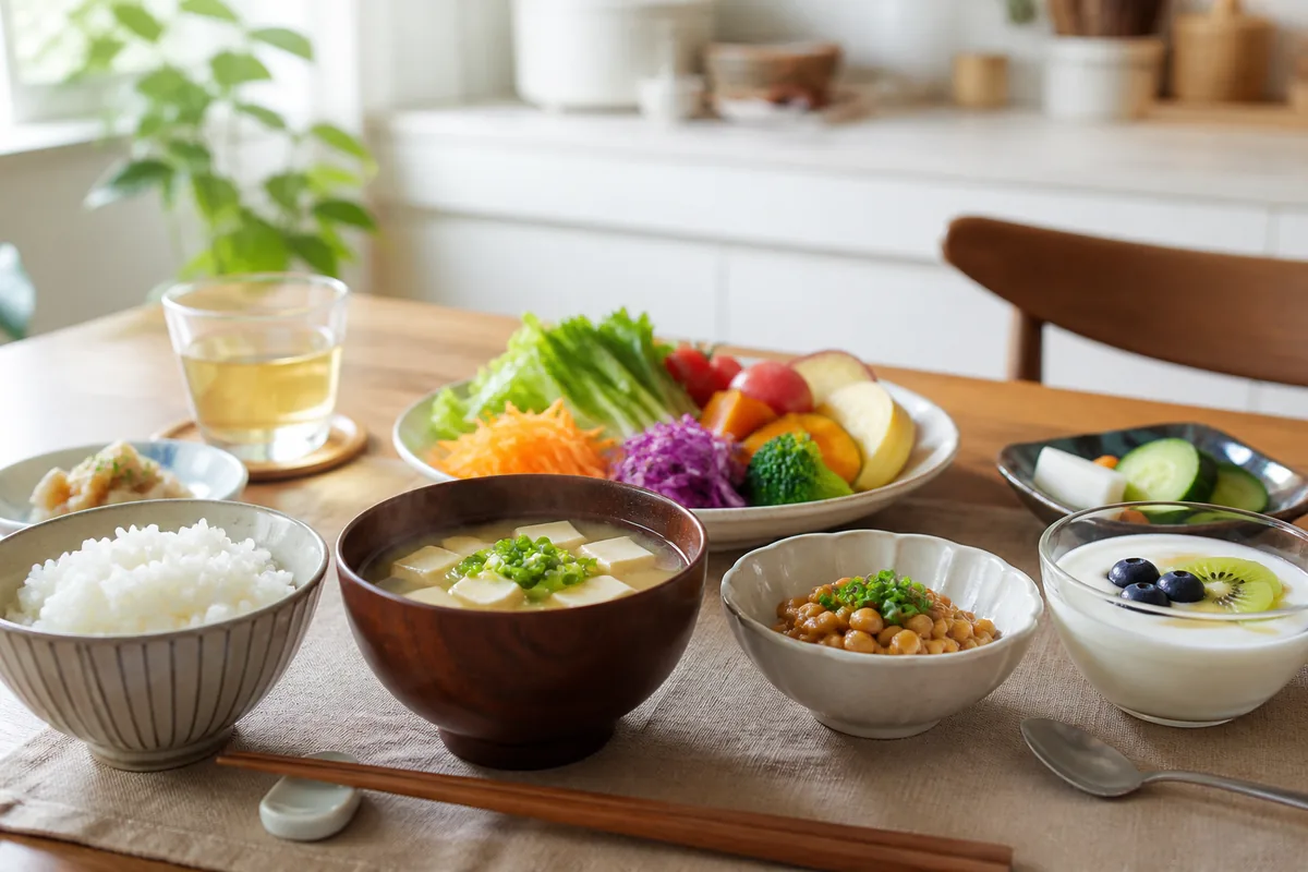 味噌汁や納豆などが並ぶ朝食の食卓