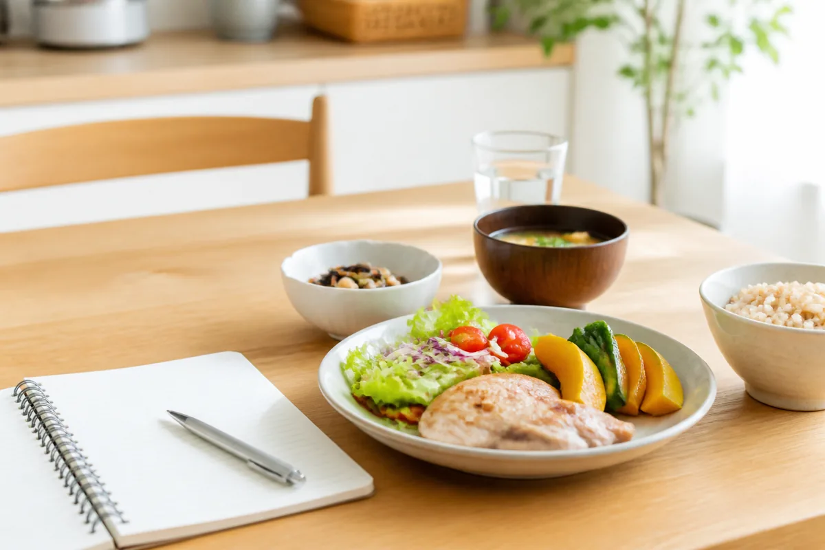 健康的な食事と記録用ノートが置かれた食卓