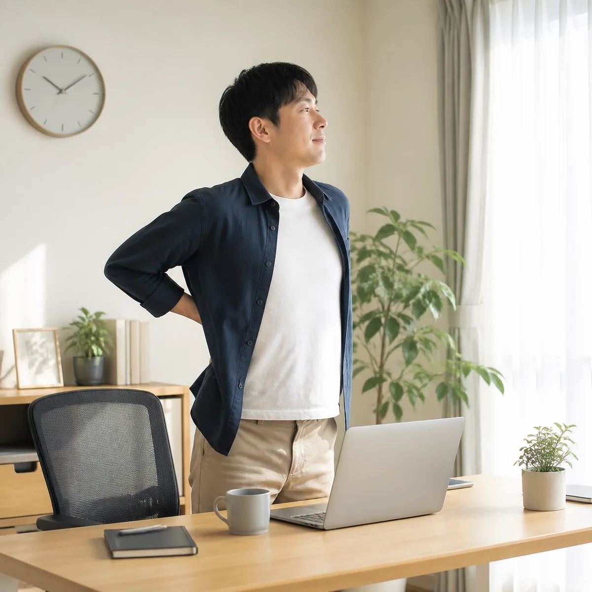 デスクから立ち上がって休憩する男性