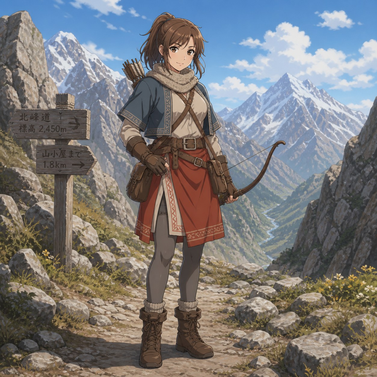 ファンタジー中世の山道を進む狩人の服装
