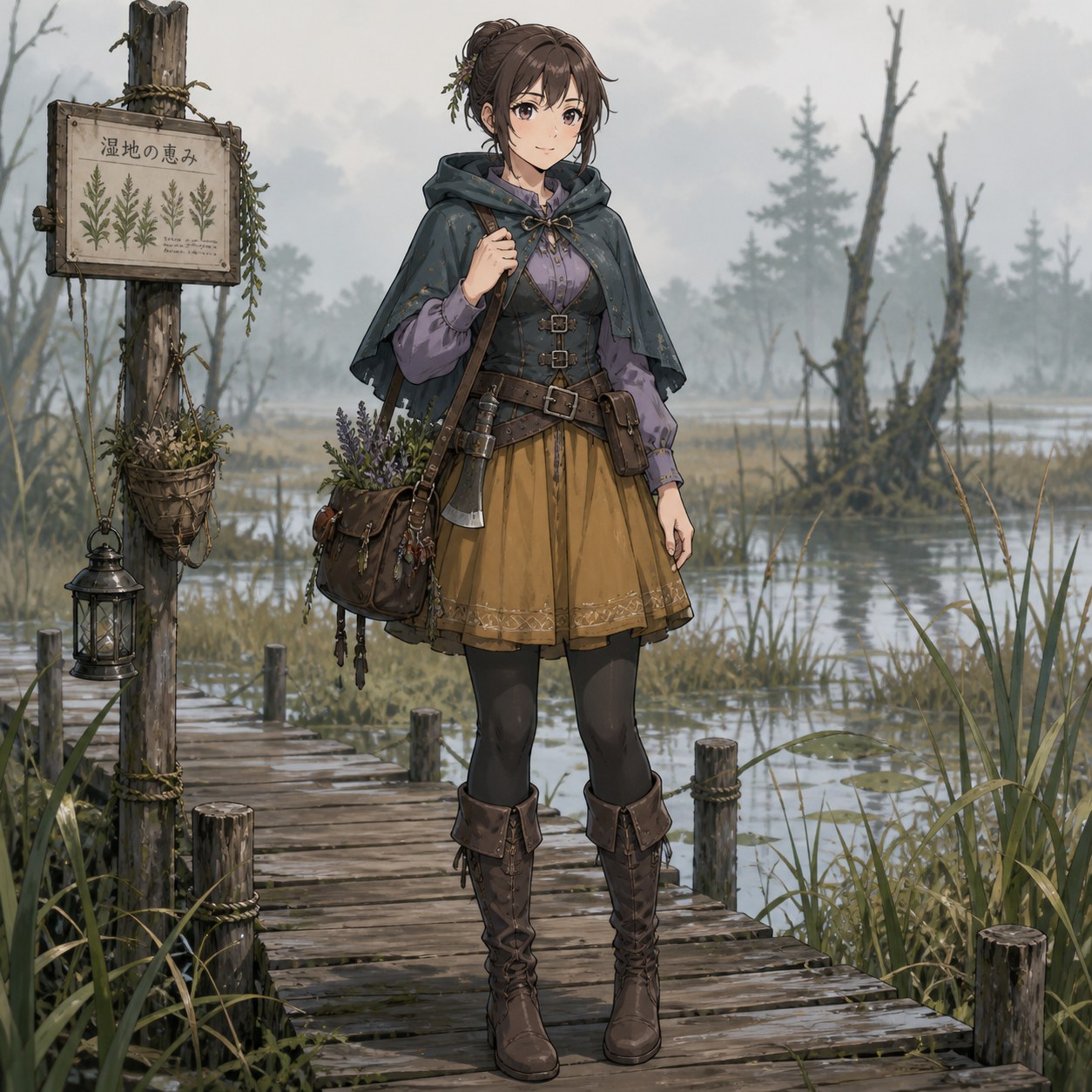 ファンタジー中世の湿地で薬草を探す狩人の服装