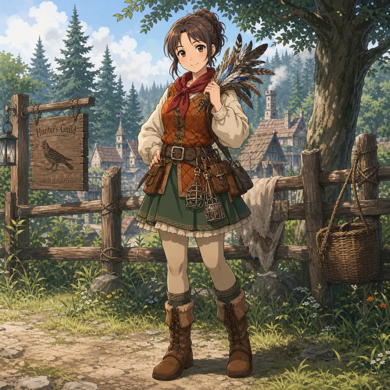 ファンタジー中世の村で鳥を追う狩人の服装