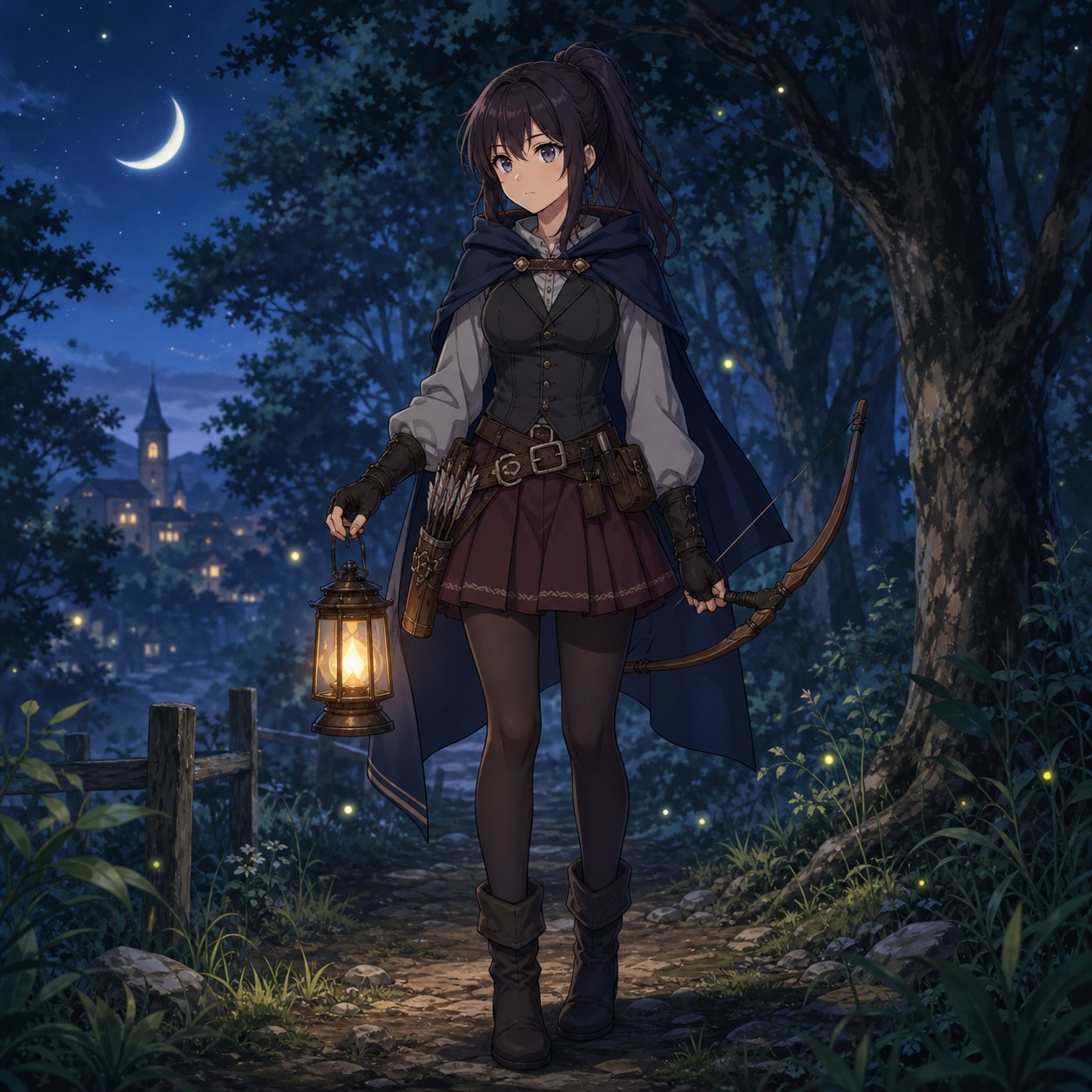 ファンタジー中世の夜道を見回る狩人の服装