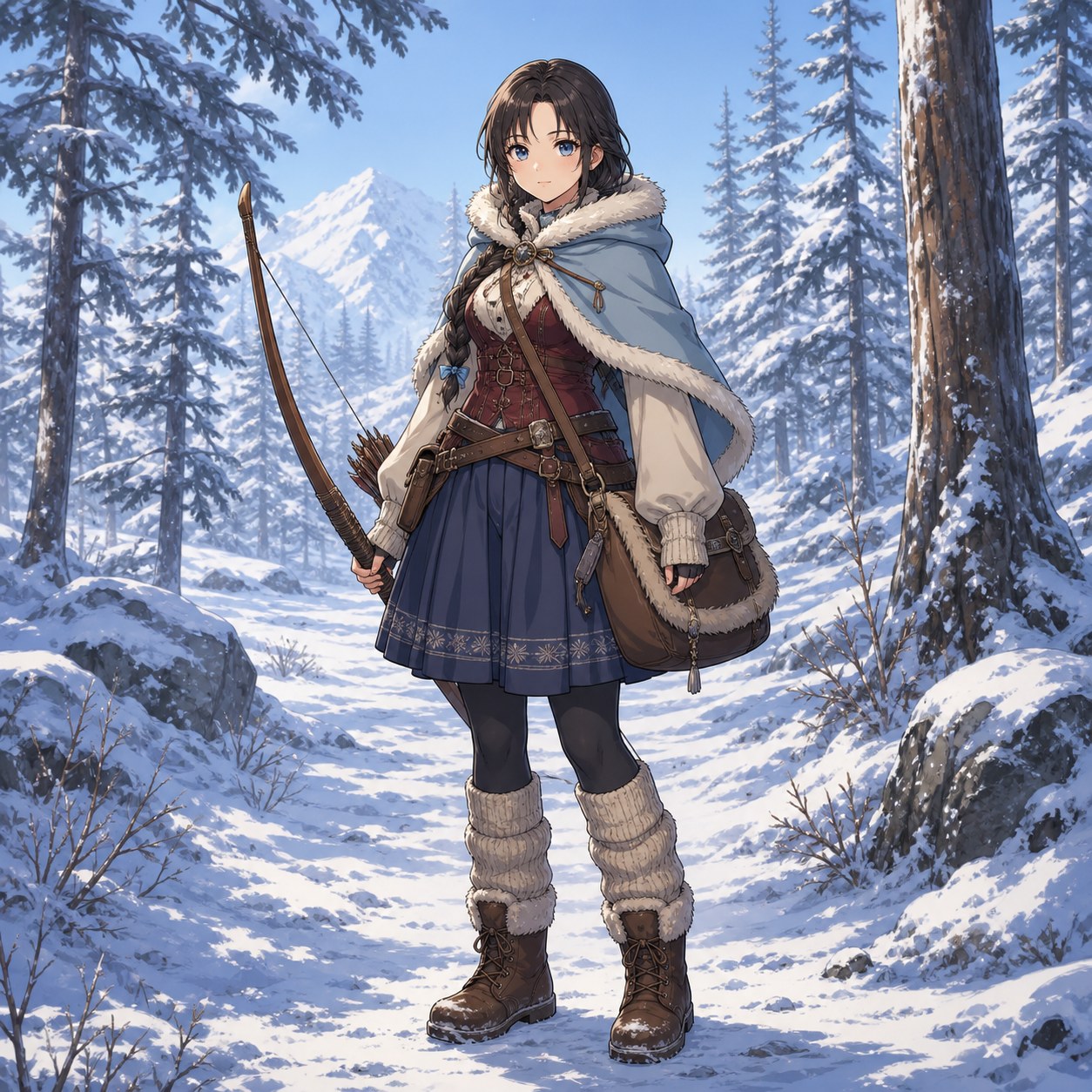 ファンタジー中世の雪原を進む狩人の服装