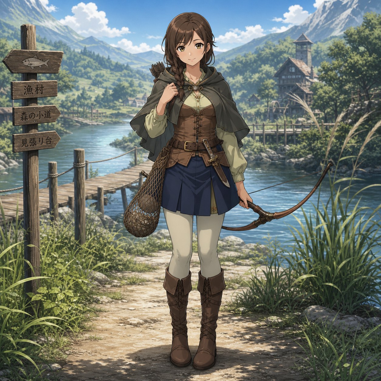 ファンタジー中世の川辺を見張る狩人の服装