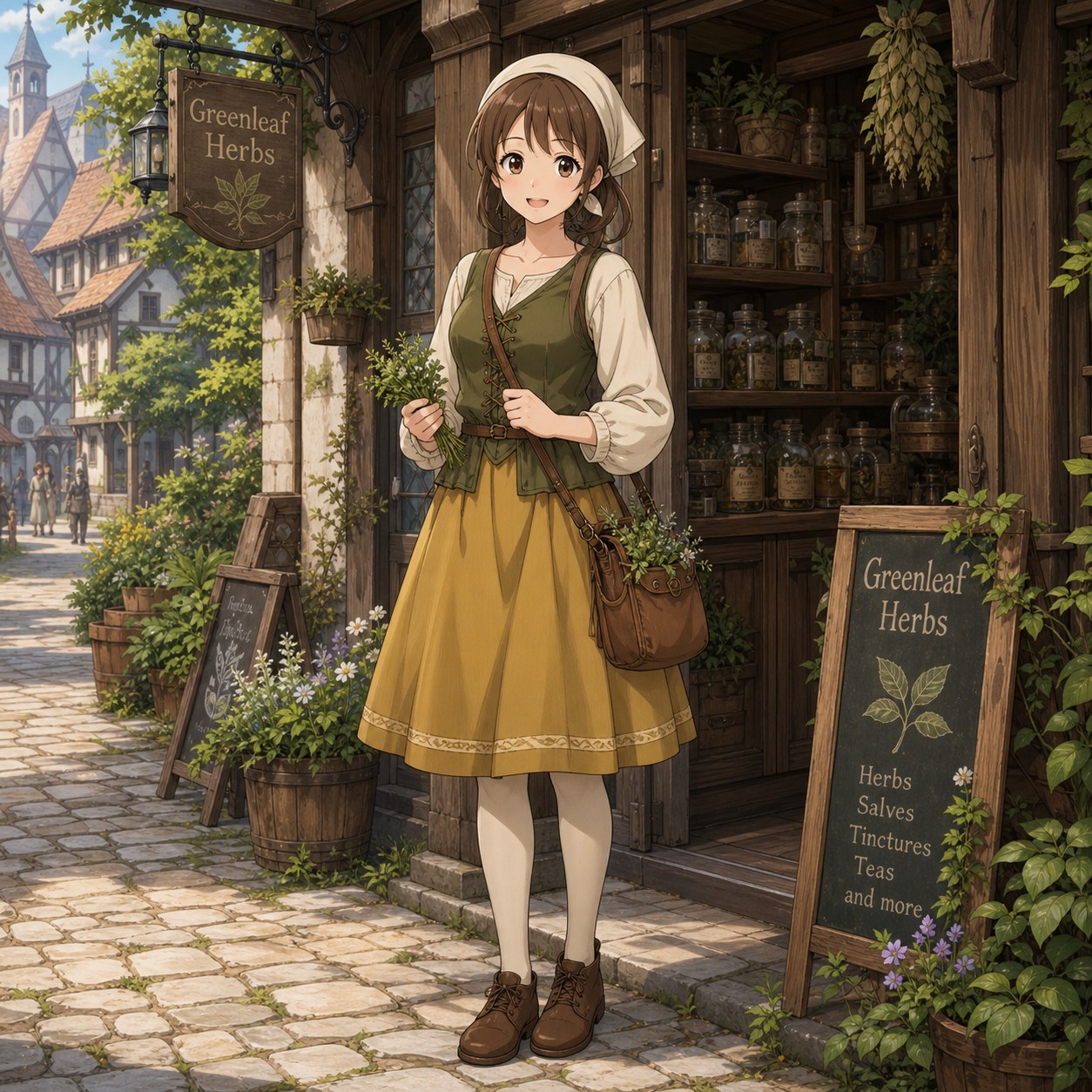 ファンタジー中世の薬草店で働く街娘の服装